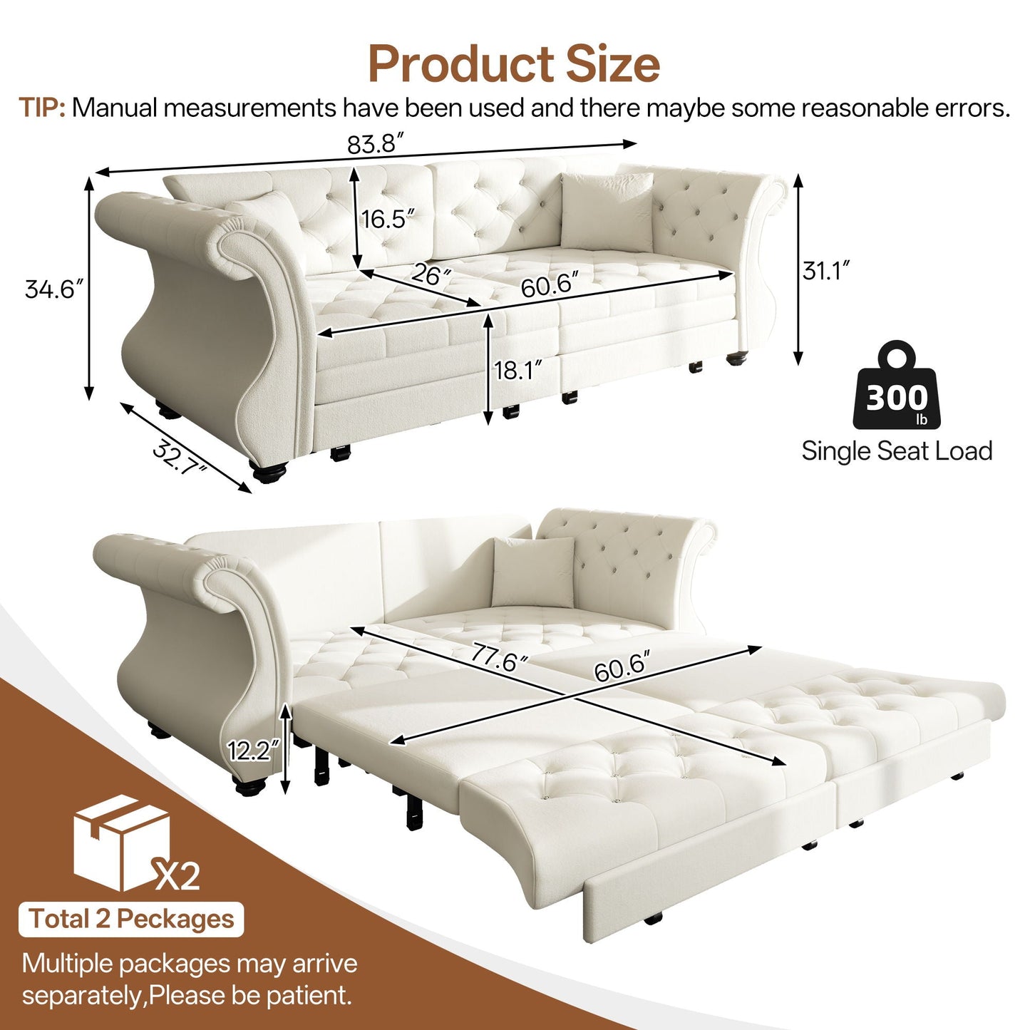 Oversized Chesterfield pullout sofa bed HouseOfZazla cream with flower tufting and roll arms on Tampa Home & Garden Store