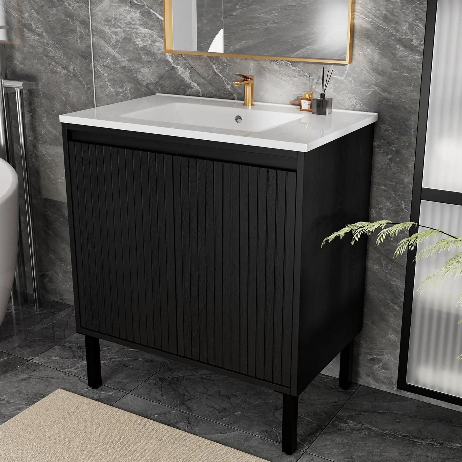 Bathroom vanity with ceramic sink, black floor-standing cabinet, Unique Piece Furniture on Tampa Home & Garden Store