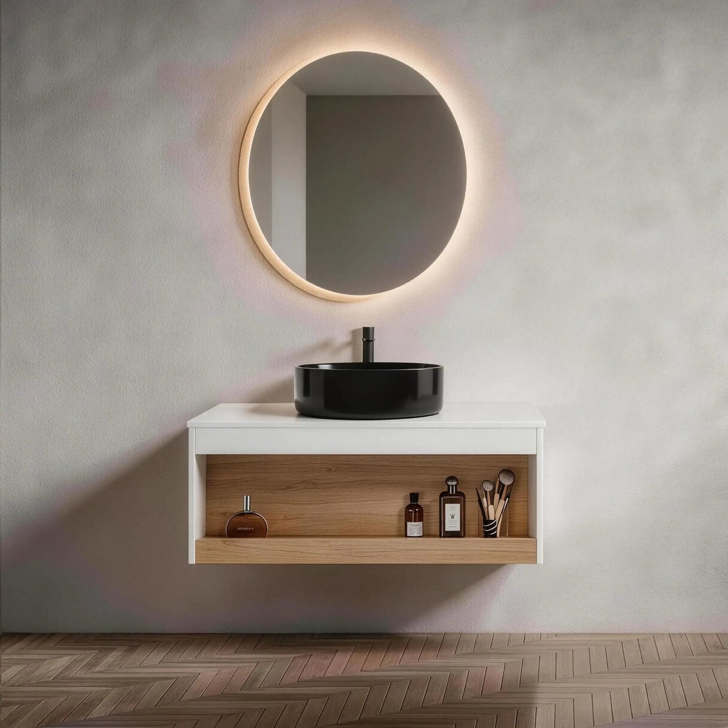 Floating Vanity with Vessel Sink and Open Shelf