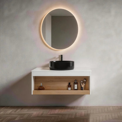 Floating Vanity with Vessel Sink and Open Shelf