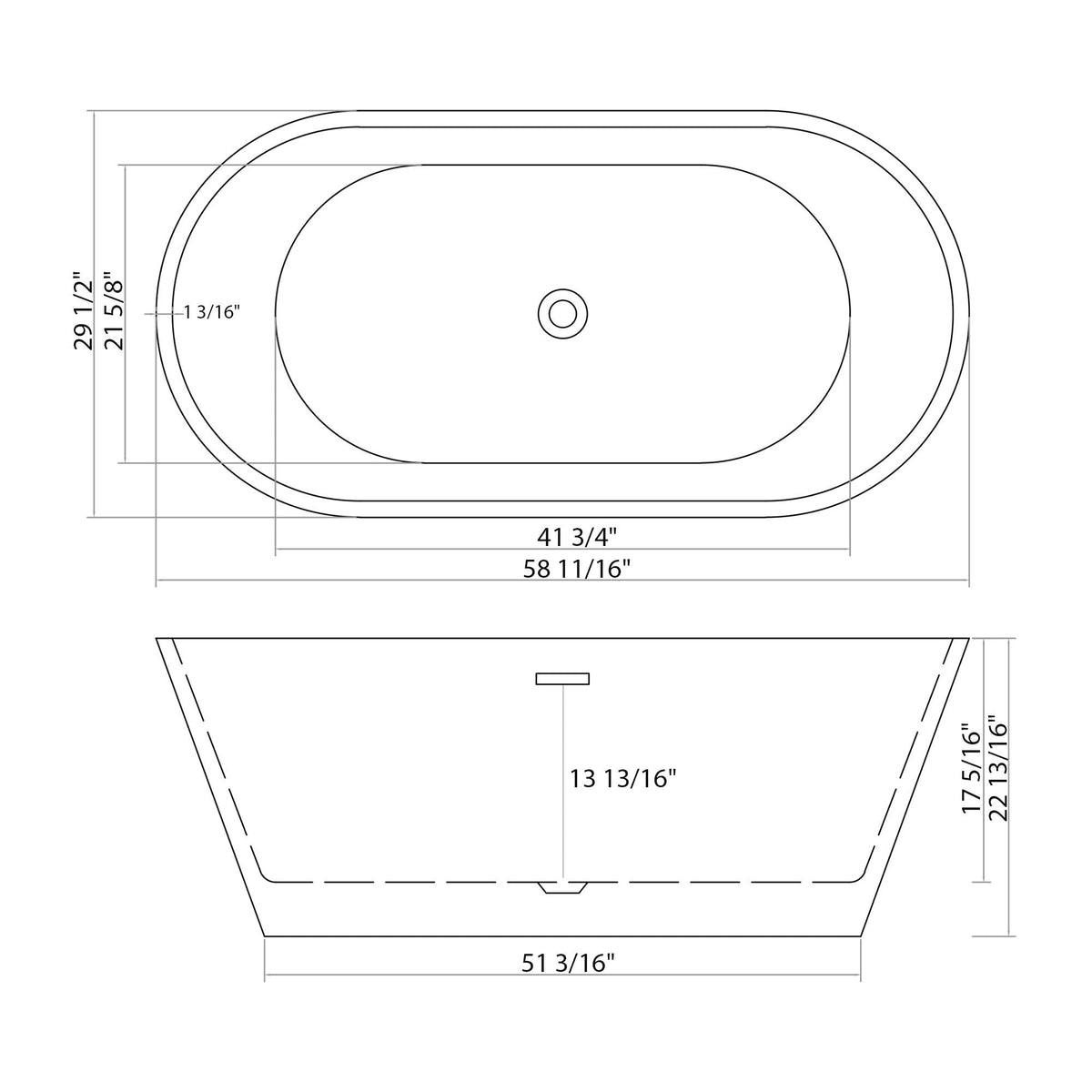 Glossy white freestanding bathtub with drain by HouseOfZazla, top-view measurements on Tampa Home & Garden Store