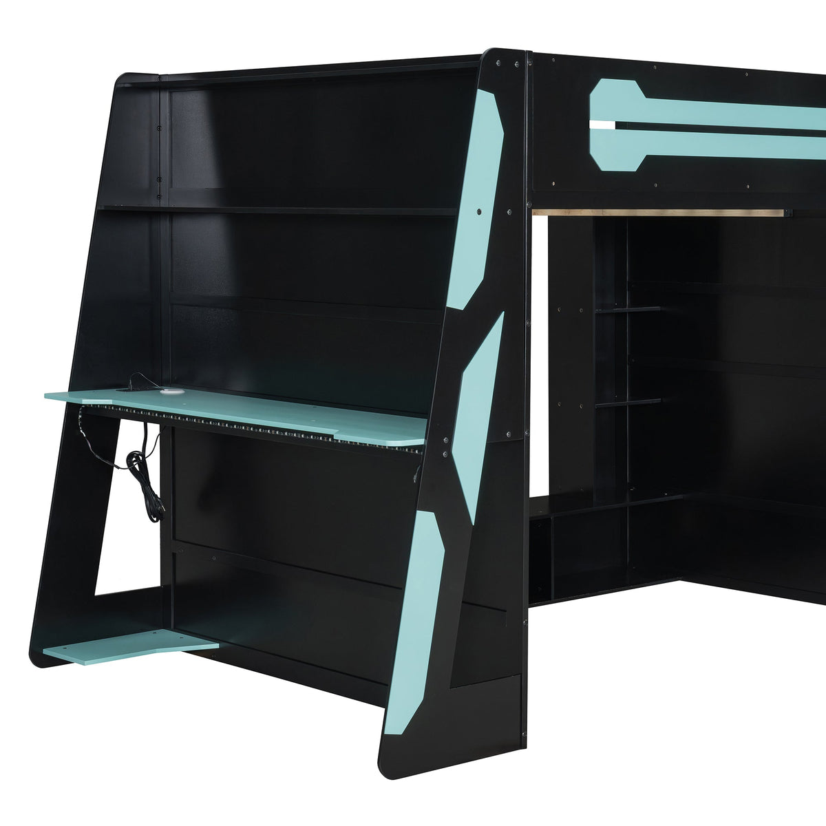 Full size wood loft bed with desk and RGB light, black frame with turquoise accents on Tampa Home & Garden Store