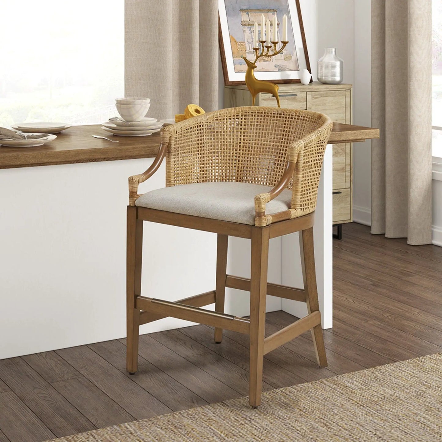Casual Rattan Counter Stool With Solid Wood Legs