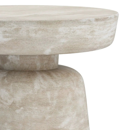 Robbie accent table in light distressed beige wood with rounded top and pedestal base on Tampa Home & Garden Store