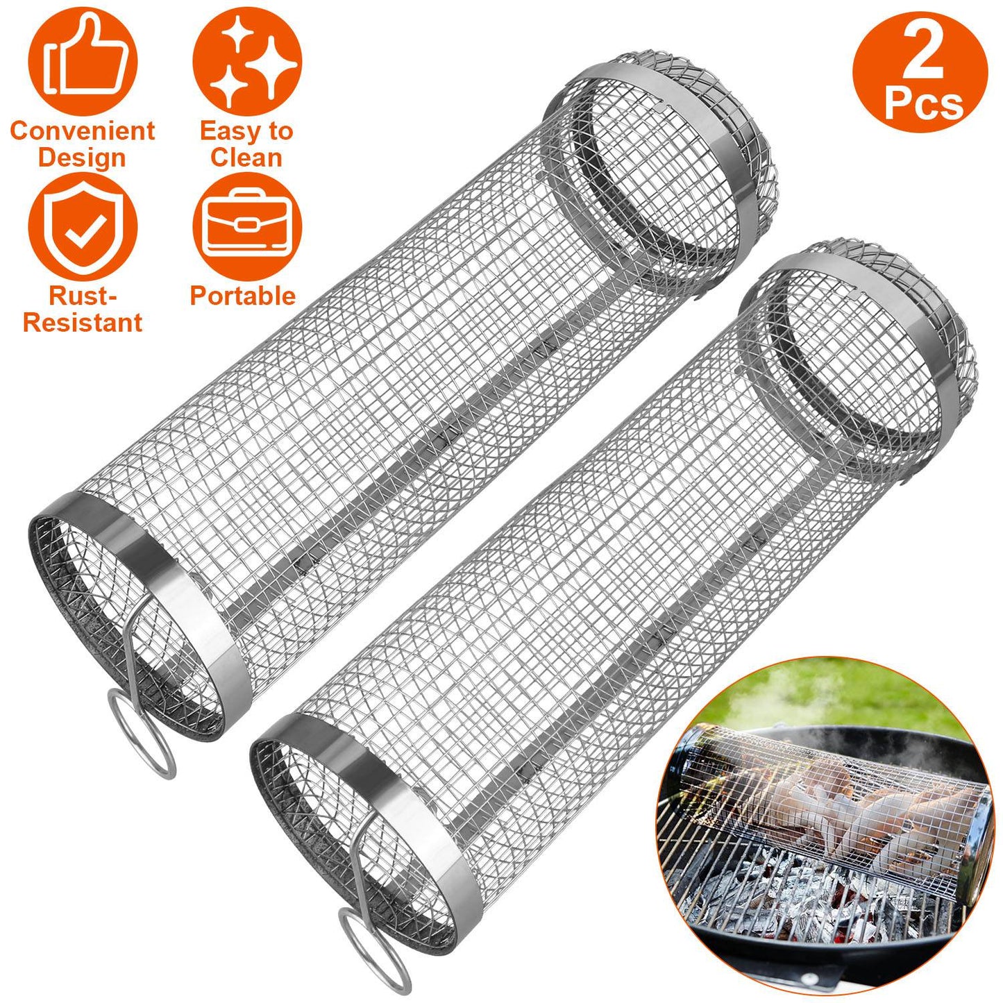 2-pcs GemGear portable stainless steel rolling BBQ baskets with removable covers, mesh on Tampa Home & Garden Store