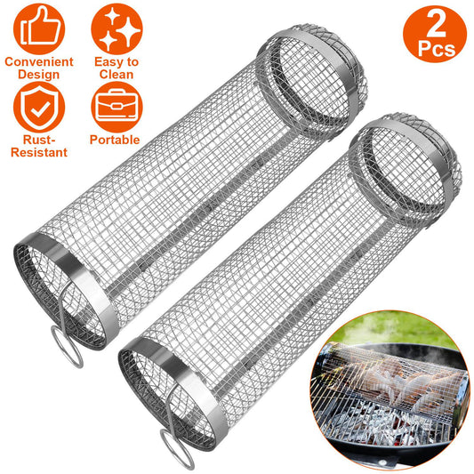 2-pcs GemGear portable stainless steel rolling BBQ baskets with removable covers, mesh on Tampa Home & Garden Store