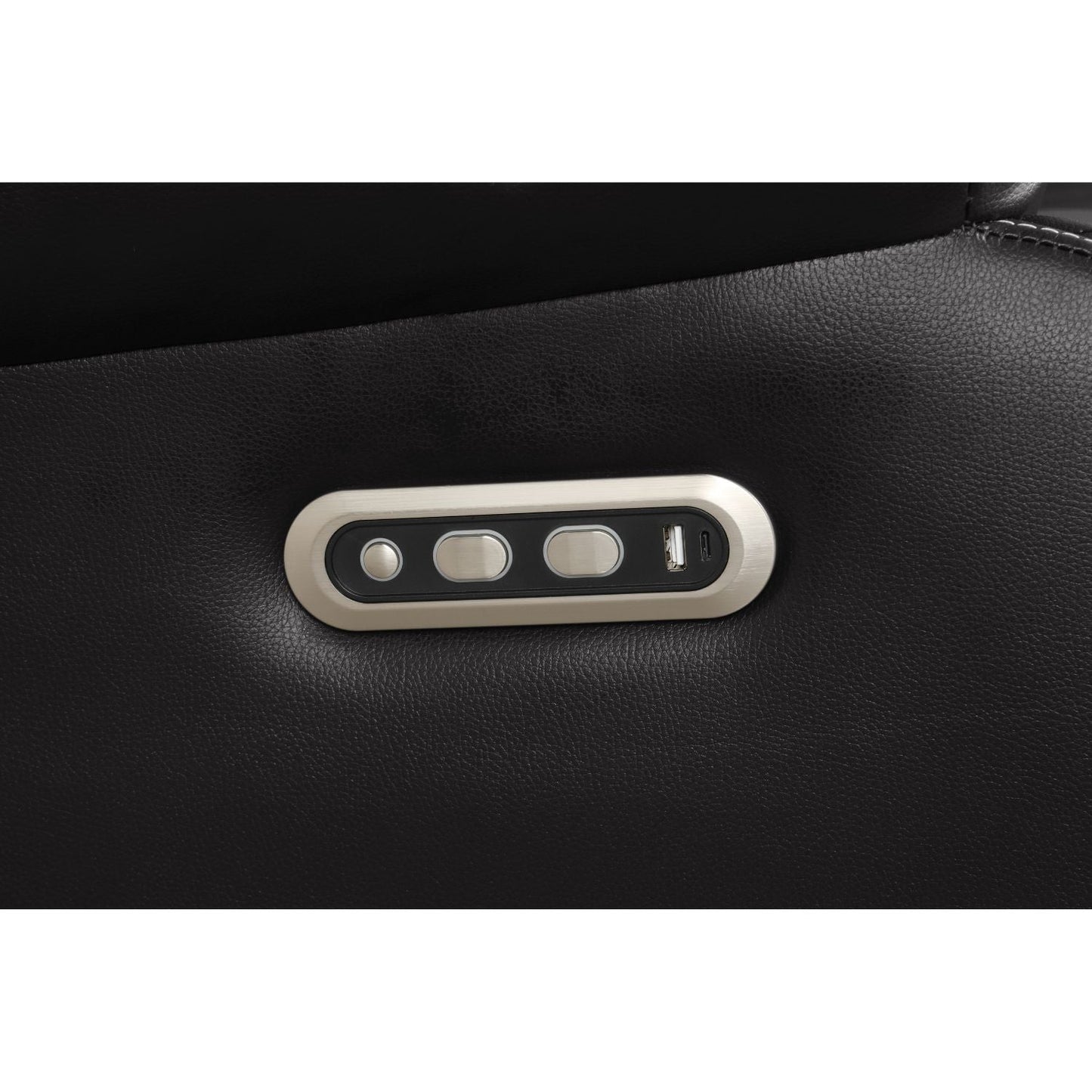 Lacrosse power reclining sectional sofa control panel with brushed metal trim on black leather upholstery on Tampa Home & Garden Store