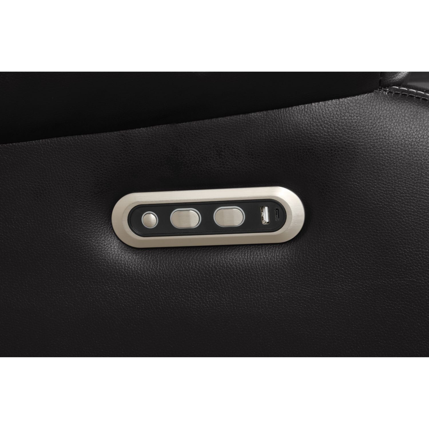 Lacrosse power reclining sectional sofa control panel with brushed metal trim on black leather upholstery on Tampa Home & Garden Store