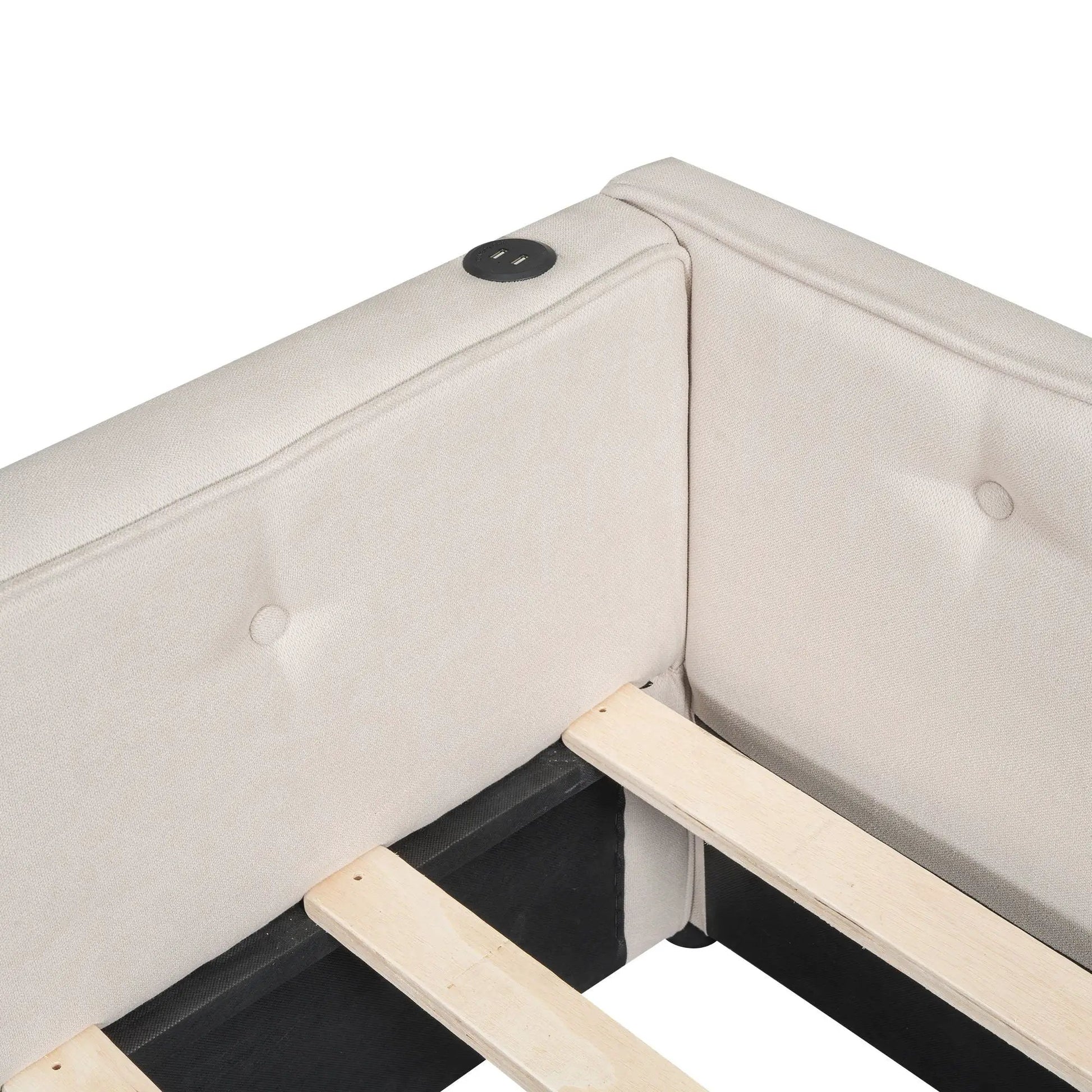 Platform bed with USB ports in beige fabric, trundle frame by Unique Piece Furniture on Tampa Home & Garden Store