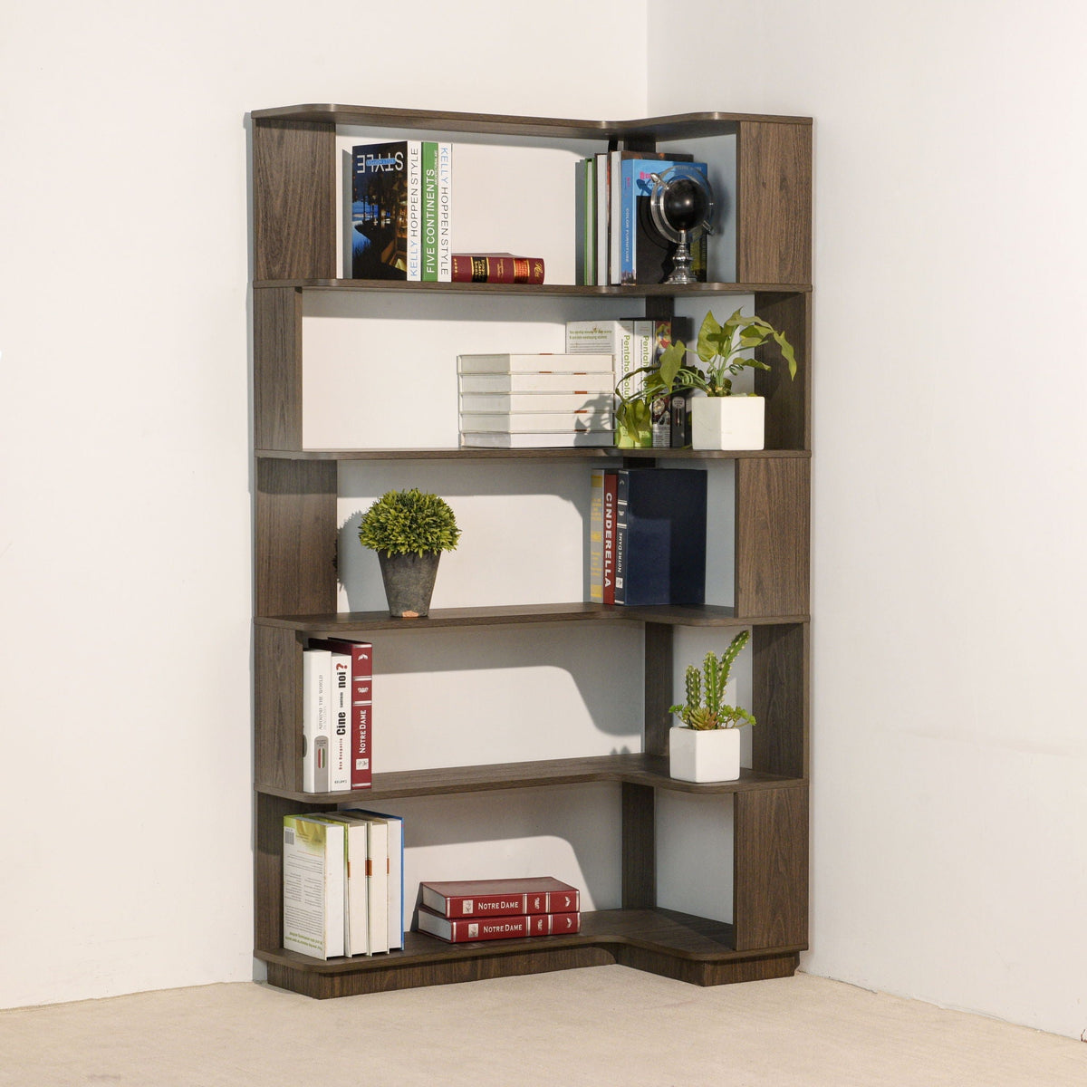 Freestanding corner bookshelf in dark brown by HouseOfZazla with adjustable shelves, books on Tampa Home & Garden Store