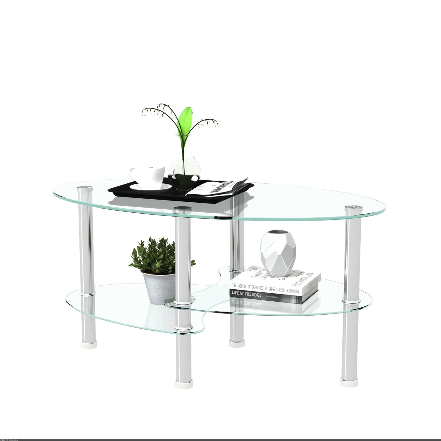 Transparent oval glass coffee table with chrome legs top holds cup lower shelf holds plant and books on Tampa Home & Garden Store