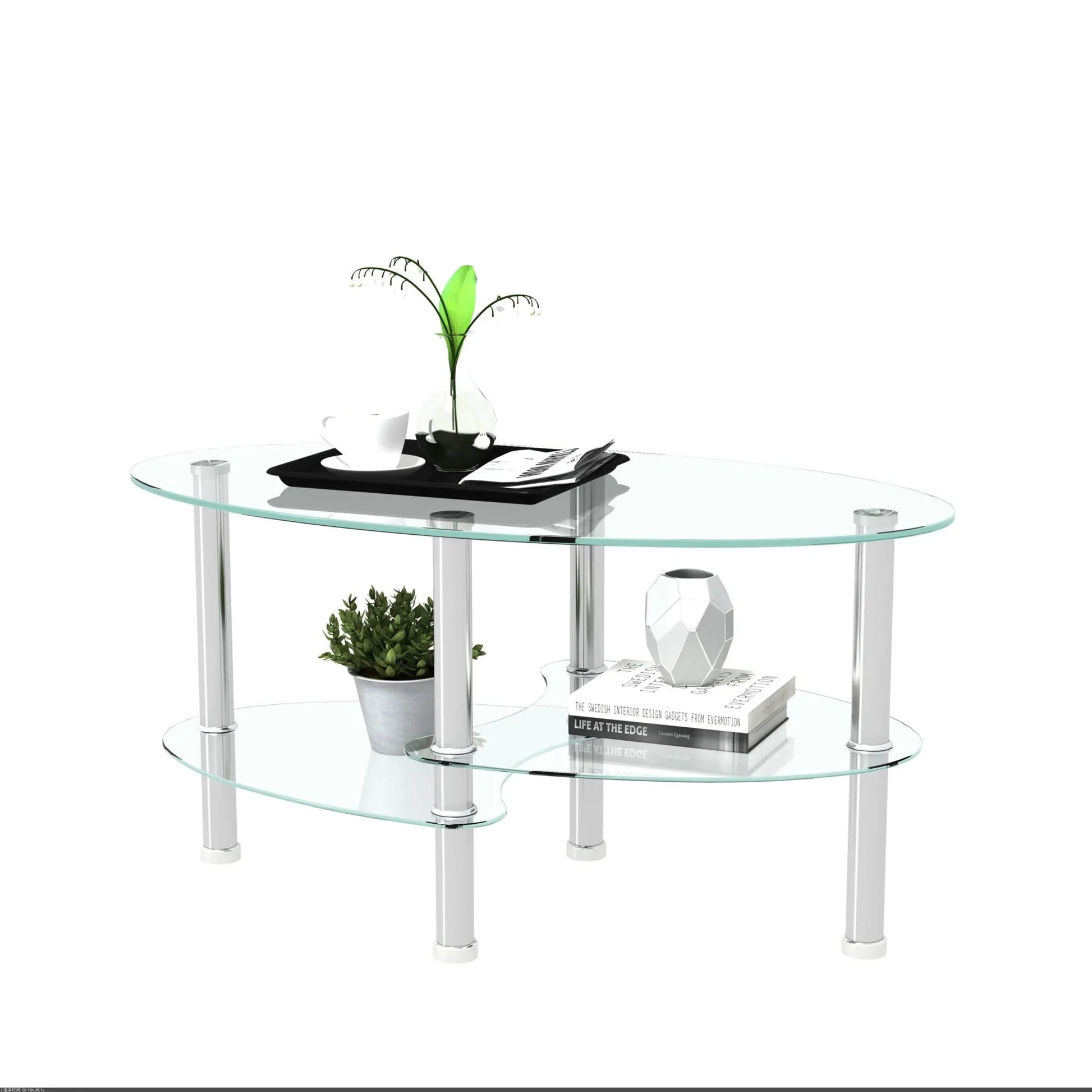 Transparent oval glass coffee table with chrome legs top holds cup lower shelf holds plant and books on Tampa Home & Garden Store