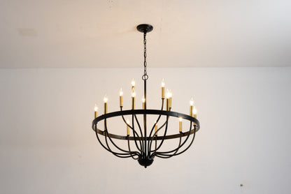 18-light industrial iron chandelier with black metal frame and gold candle holders, chain suspended on Tampa Home & Garden Store