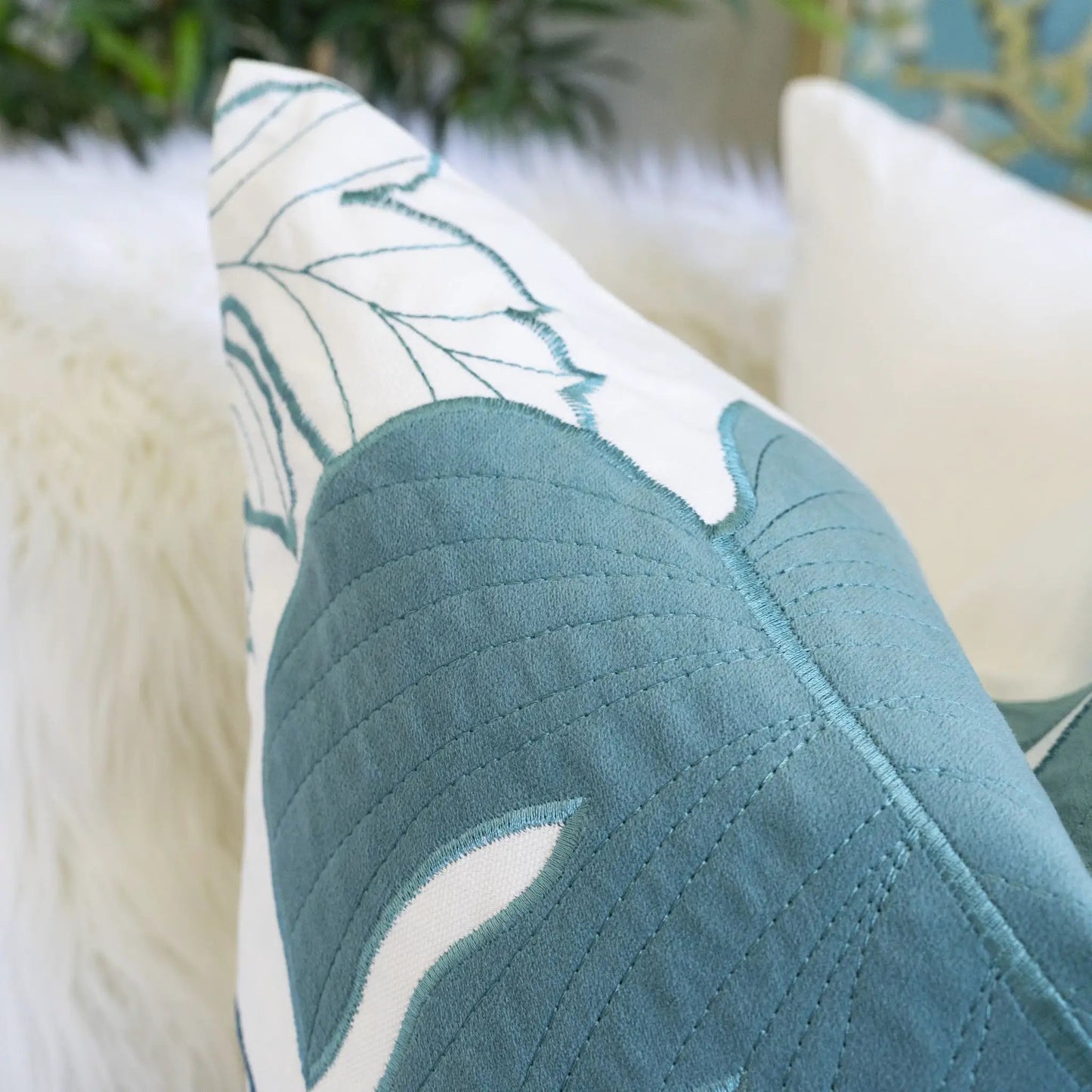 Autumn Vibes Leaf Accent Pillow teal leaf pattern by Unique Piece Furniture on Tampa Home & Garden Store