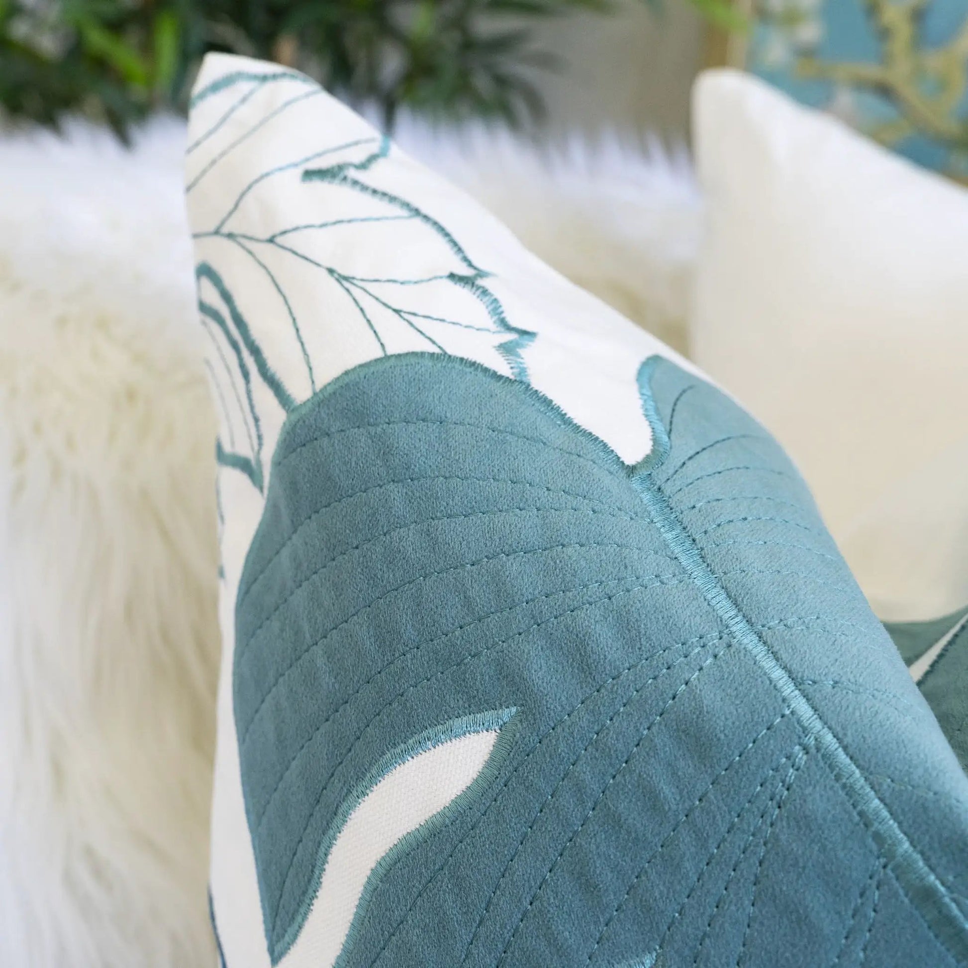 Autumn Vibes Leaf Accent Pillow teal leaf pattern by Unique Piece Furniture on Tampa Home & Garden Store