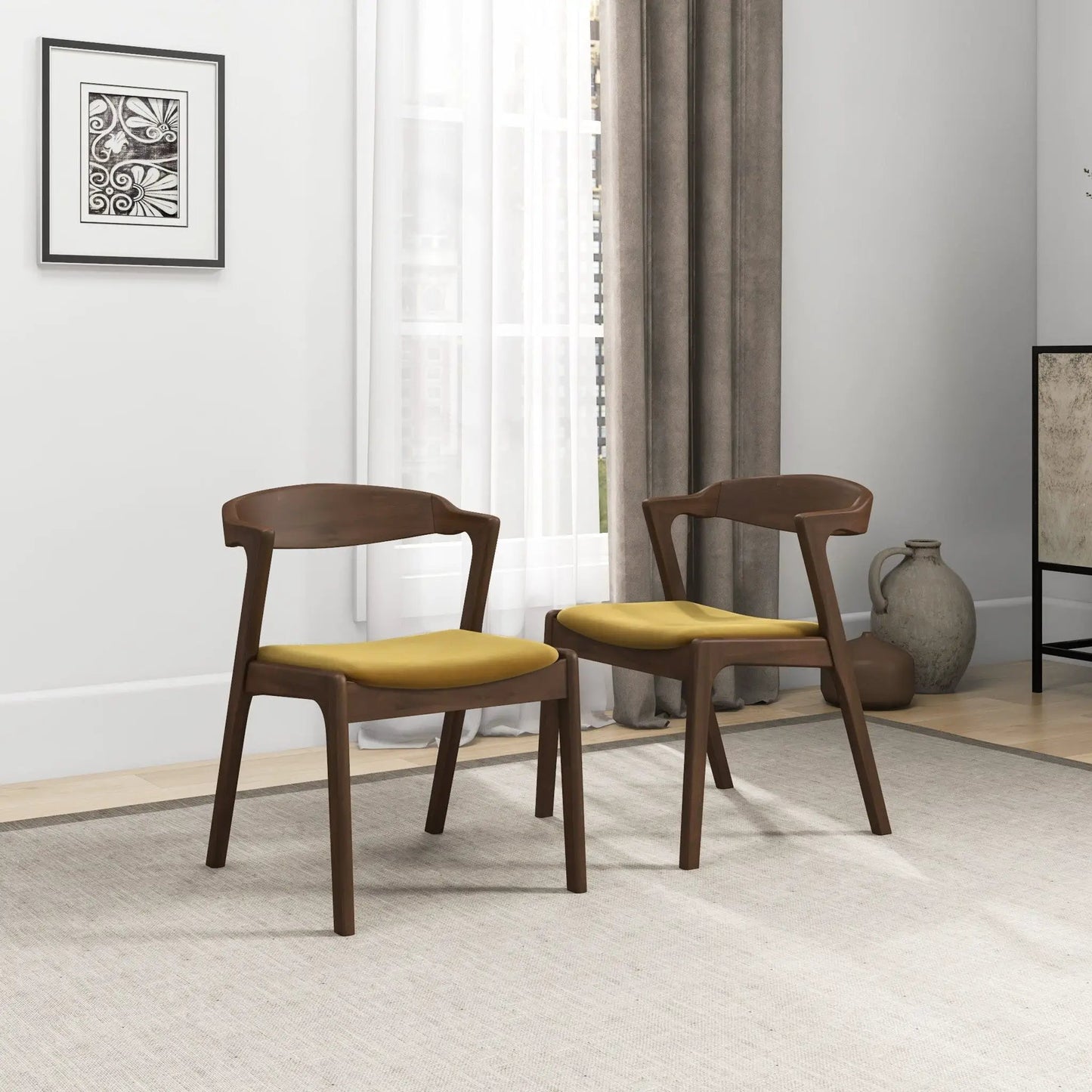 Dakota mid-century dining chairs 2-set with brown wood frames and yellow upholstered seats on Tampa Home & Garden Store
