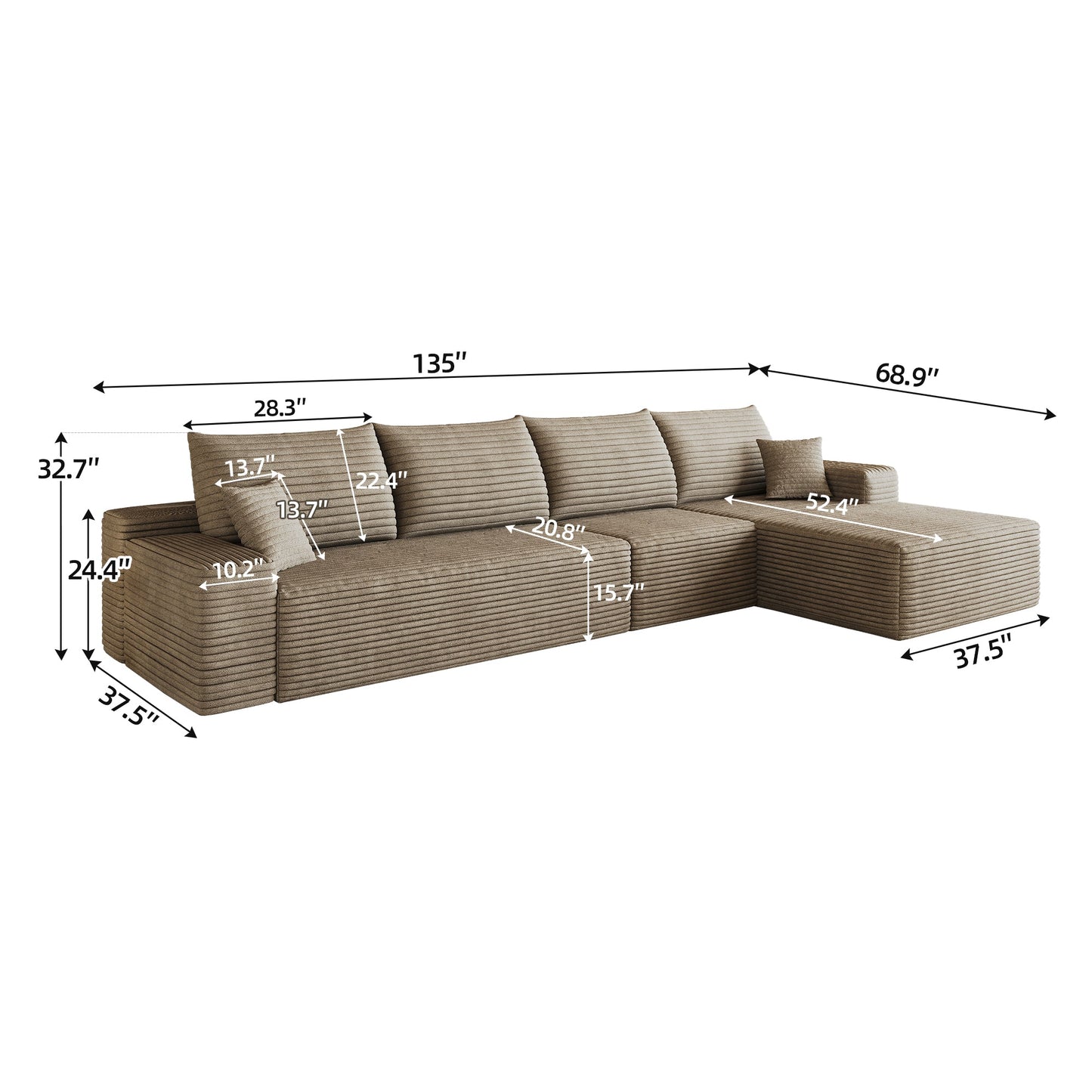 134-inch Cloud Sectional Couch with L-Shaped Chaise by HouseOfZazla in taupe corduroy fabric on Tampa Home & Garden Store