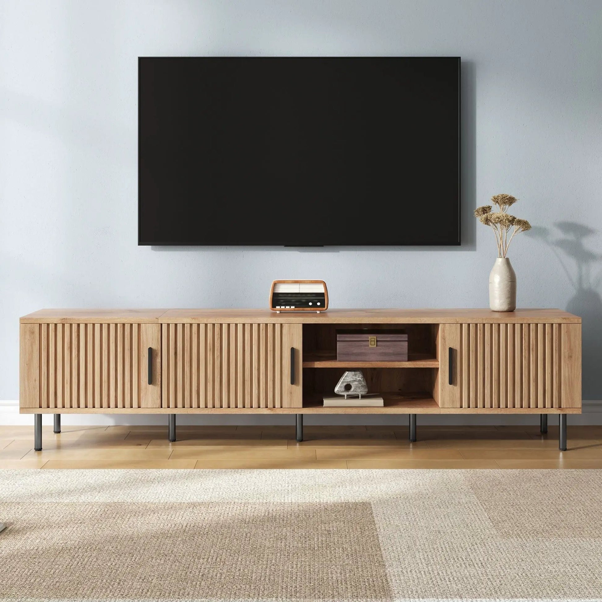 78in natural wood TV stand with storage and slatted doors under a TV, radio and dried flowers on Tampa Home & Garden Store