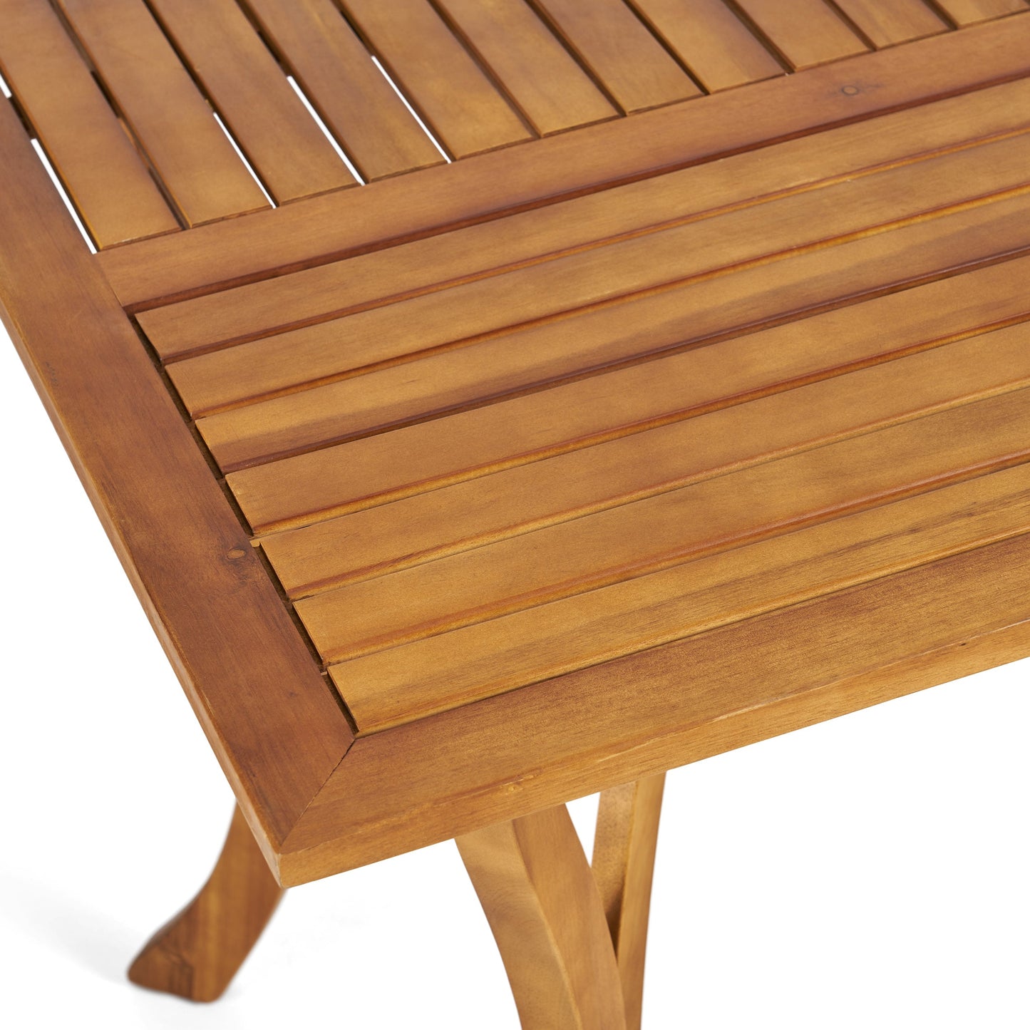 7 Piece Outdoor Acacia Wood Dining Set warm brown slatted tabletop closeup by HouseOfZazla on Tampa Home & Garden Store