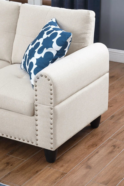 Alger beige left-hand facing sofa arm with nailhead trim and blue patterned cushion on Tampa Home & Garden Store