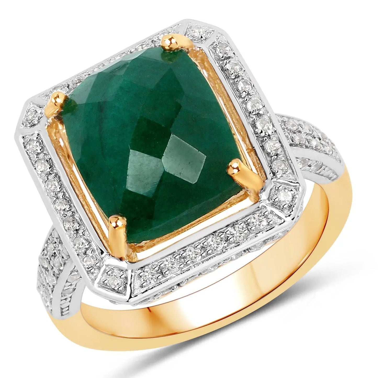 5.18 Carat Dyed Emerald and White Topaz .925 Sterling Silver Ring gold prongs on Tampa Home & Garden Store