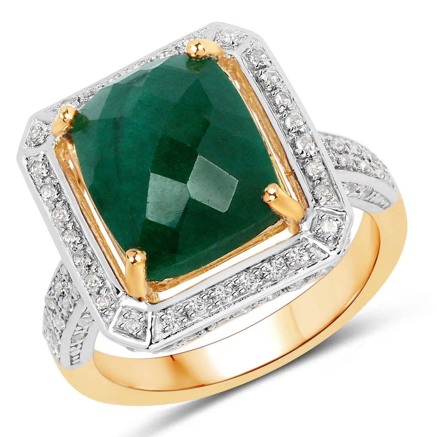 5.18 Carat Dyed Emerald and White Topaz .925 Sterling Silver Ring gold prongs on Tampa Home & Garden Store
