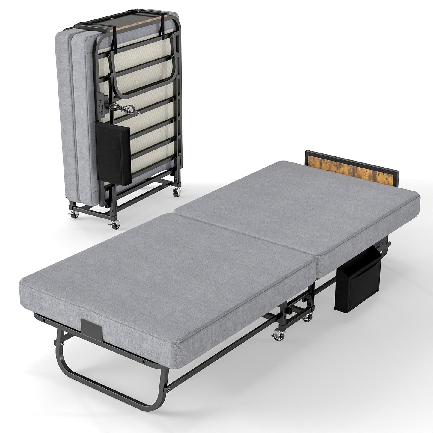 78x31 Folding Bed by HouseOfZazla, gray fabric mattress on black metal frame with wheels on Tampa Home & Garden Store