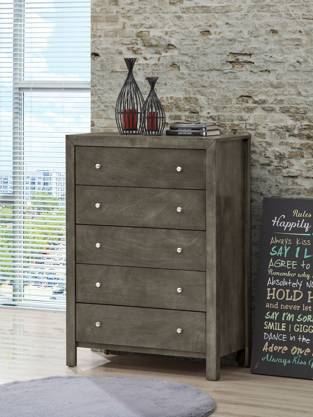 Gray wood accent storage chest with 5 drawers and silver knobs, black wire lanterns on top on Tampa Home & Garden Store