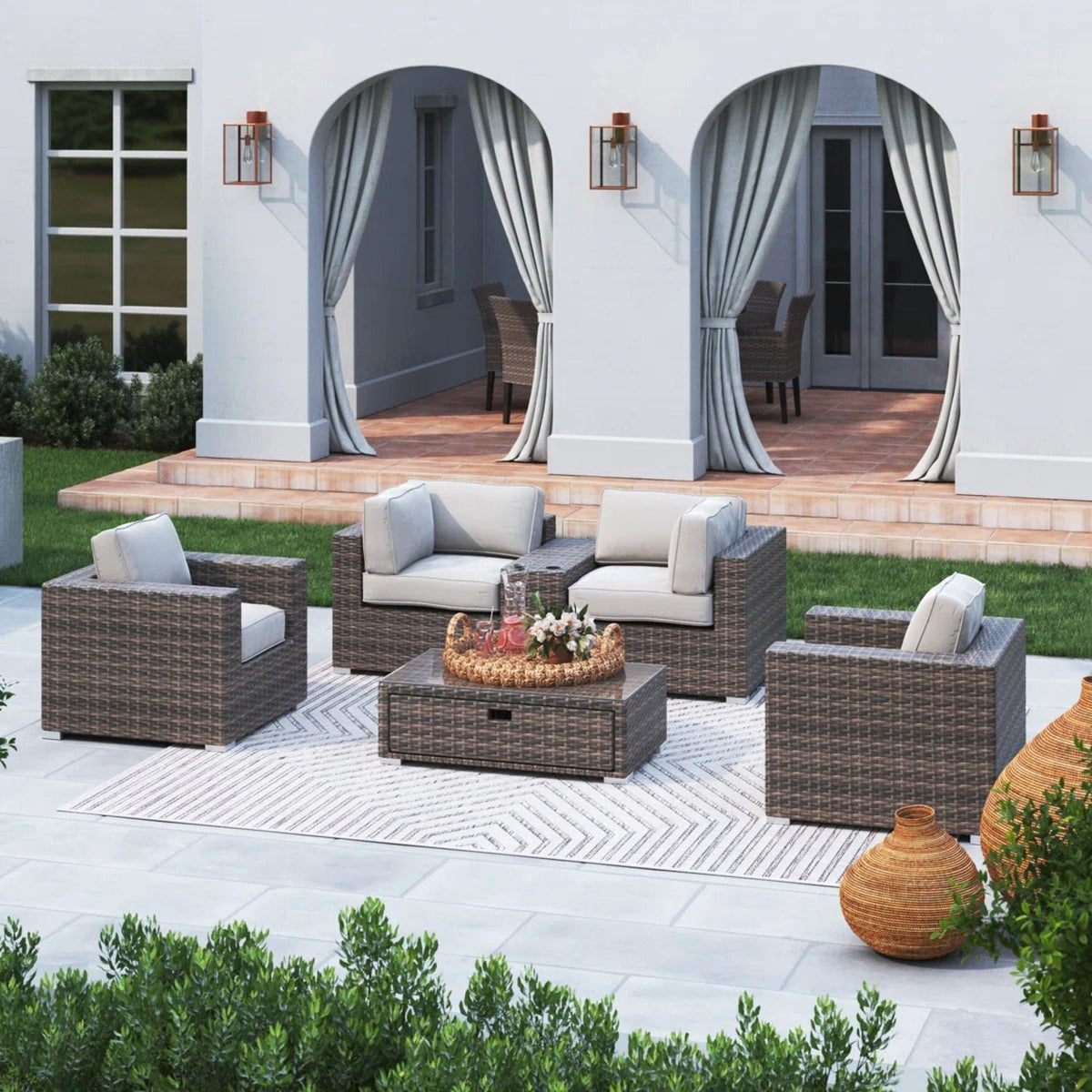 3-piece wicker outdoor seating group with beige cushions and coffee table by HouseOfZazla on Tampa Home & Garden Store