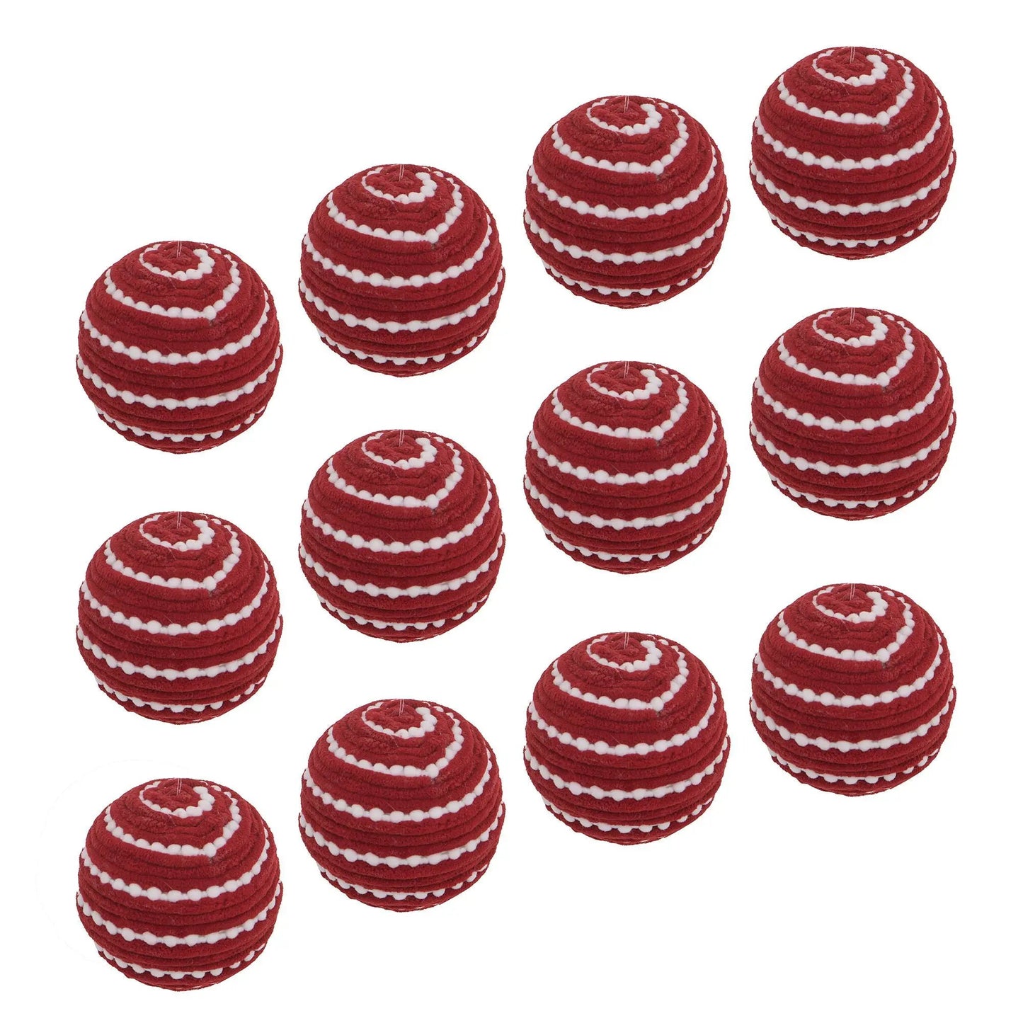 Christmas ball ornaments red knitted yarn with white stripes set of 12 on Tampa Home & Garden Store