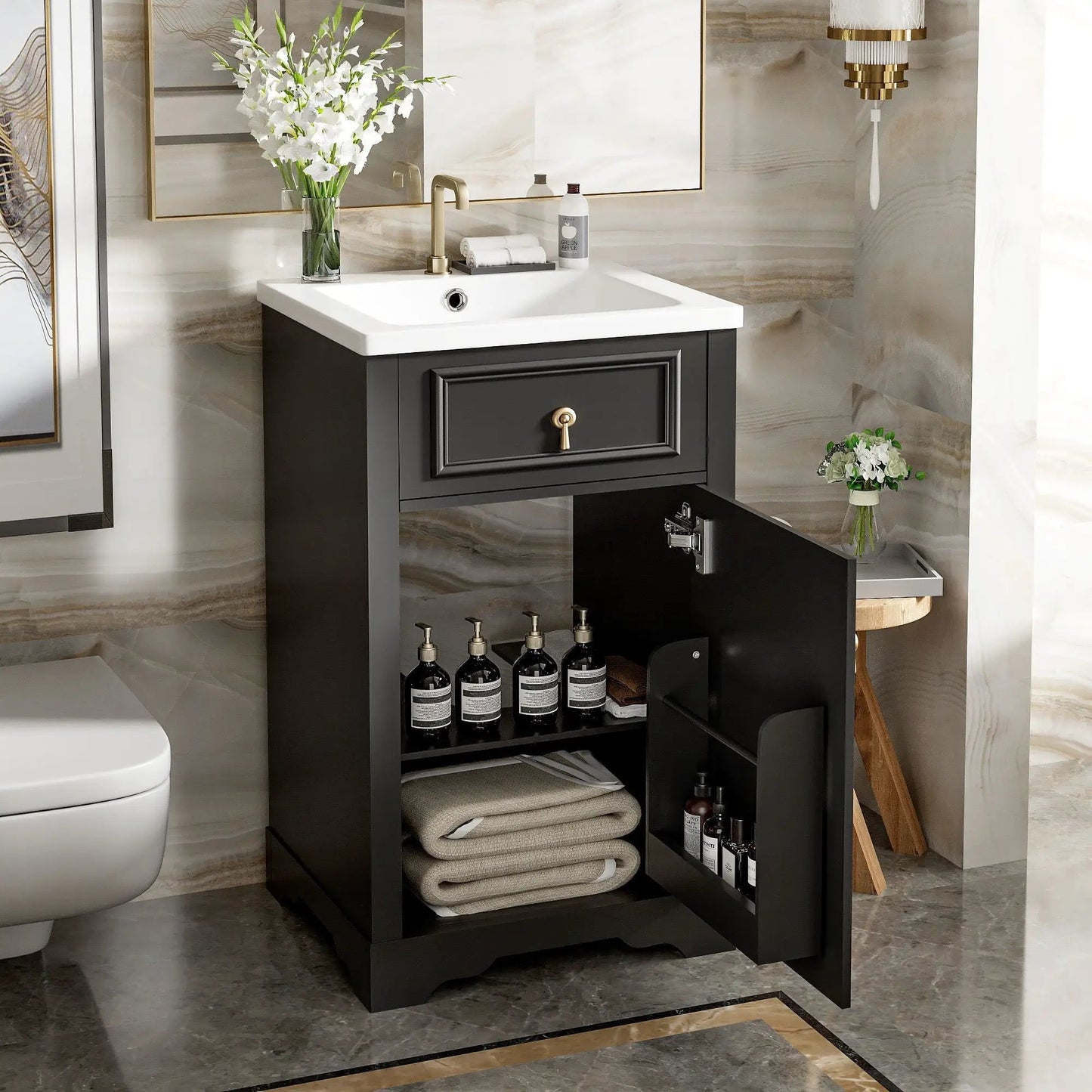 Elegant Vanity With Ceramic Sink and Shelf