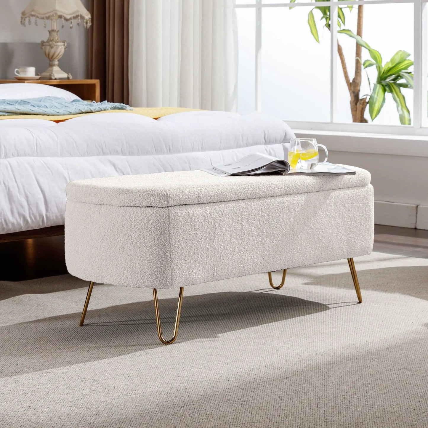 Storage Ottoman Bench with Faux Fur End of Bed