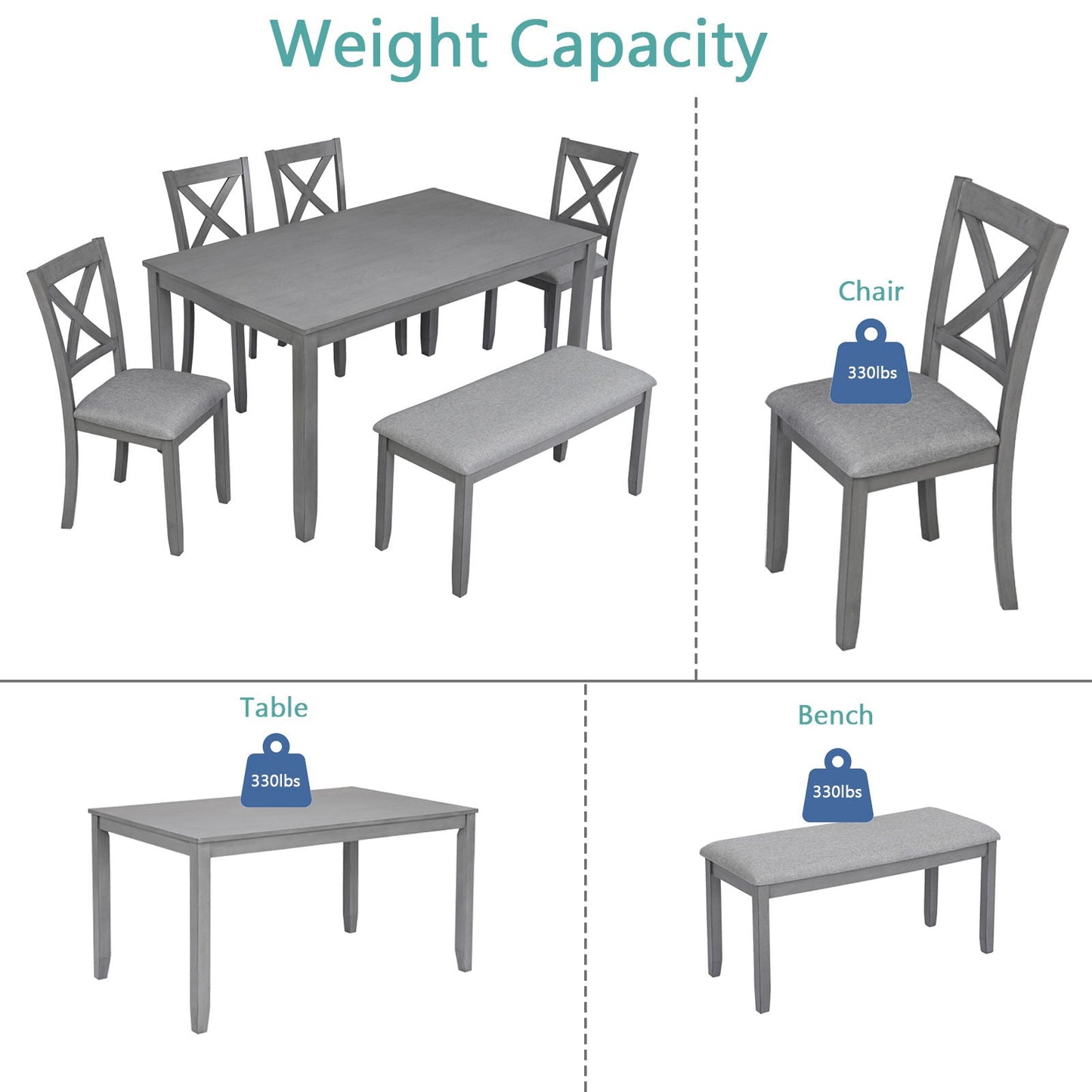 Six Piece Dining Set With A Bench And Four Chairs
