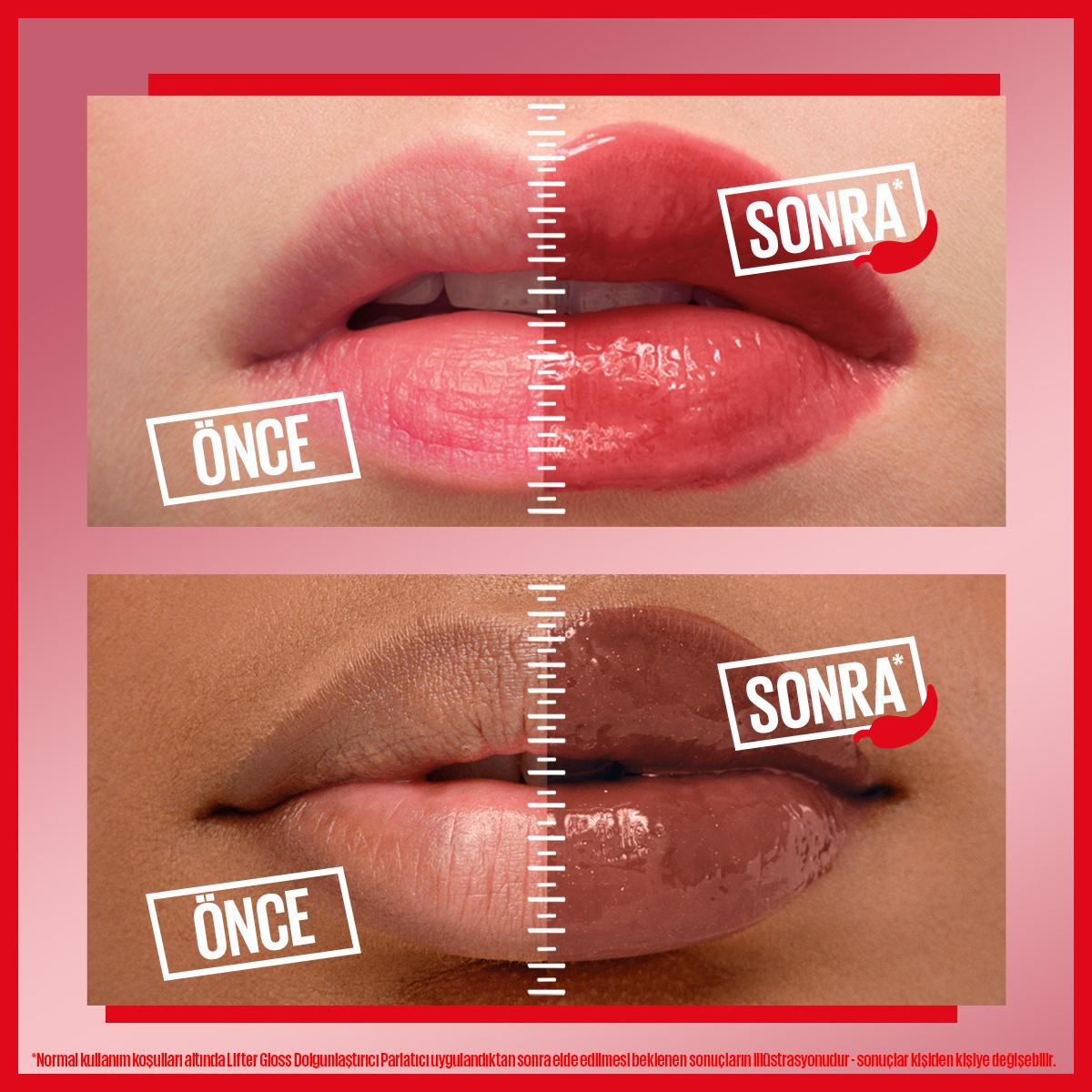 Maybelline Lifter Plump Lip Gloss Blush Blaze pink and nude swatches with ÖNCE/SONRA marks on Tampa Home & Garden Store