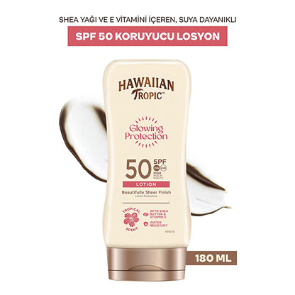 Hawaiian Tropic Glowing Protection SPF 50 sunscreen lotion in beige bottle 180 ml on Tampa Home & Garden Store