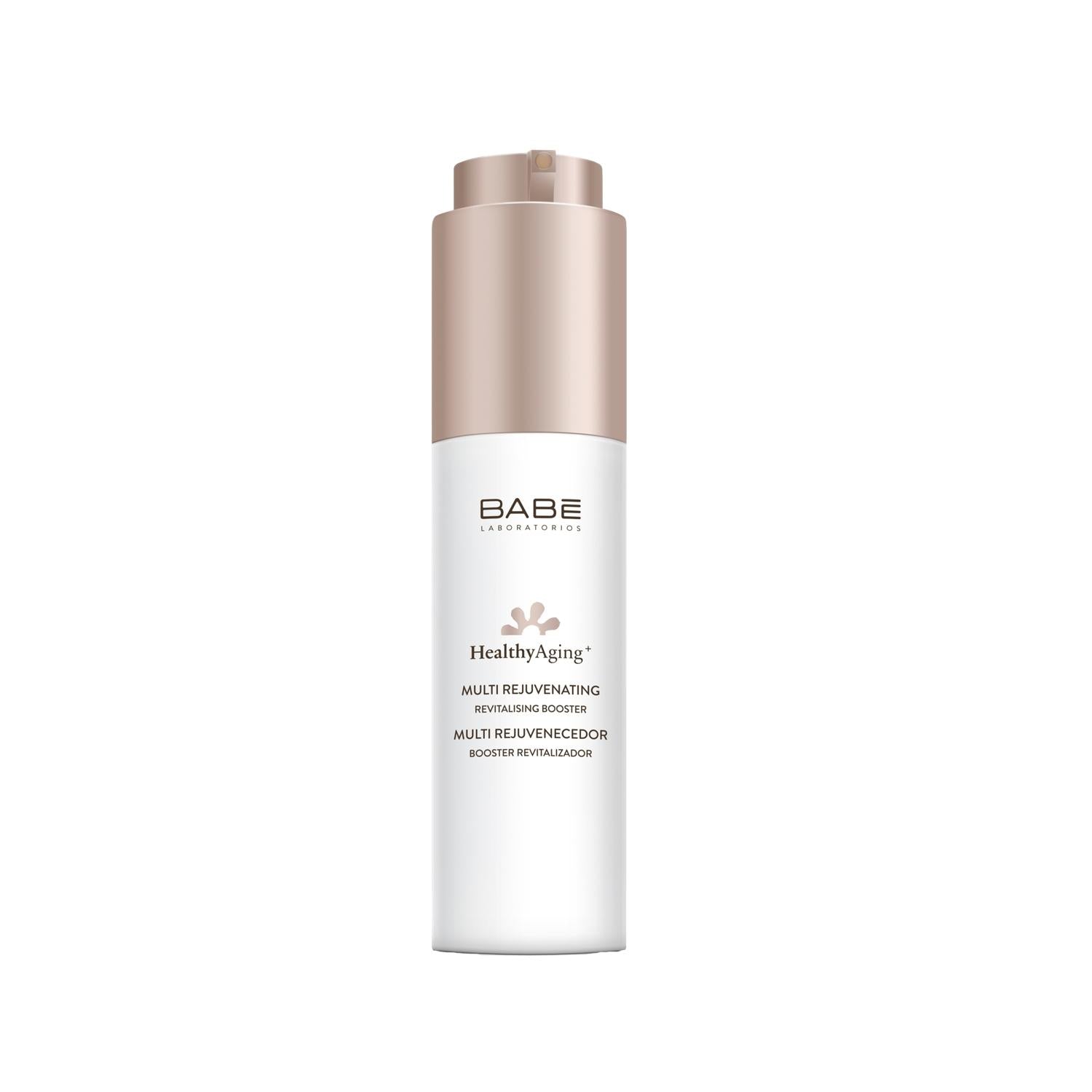 Face serum Babe HealthyAging+ bottle by Beauty Care Bag with rose-gold pump on Tampa Home & Garden Store