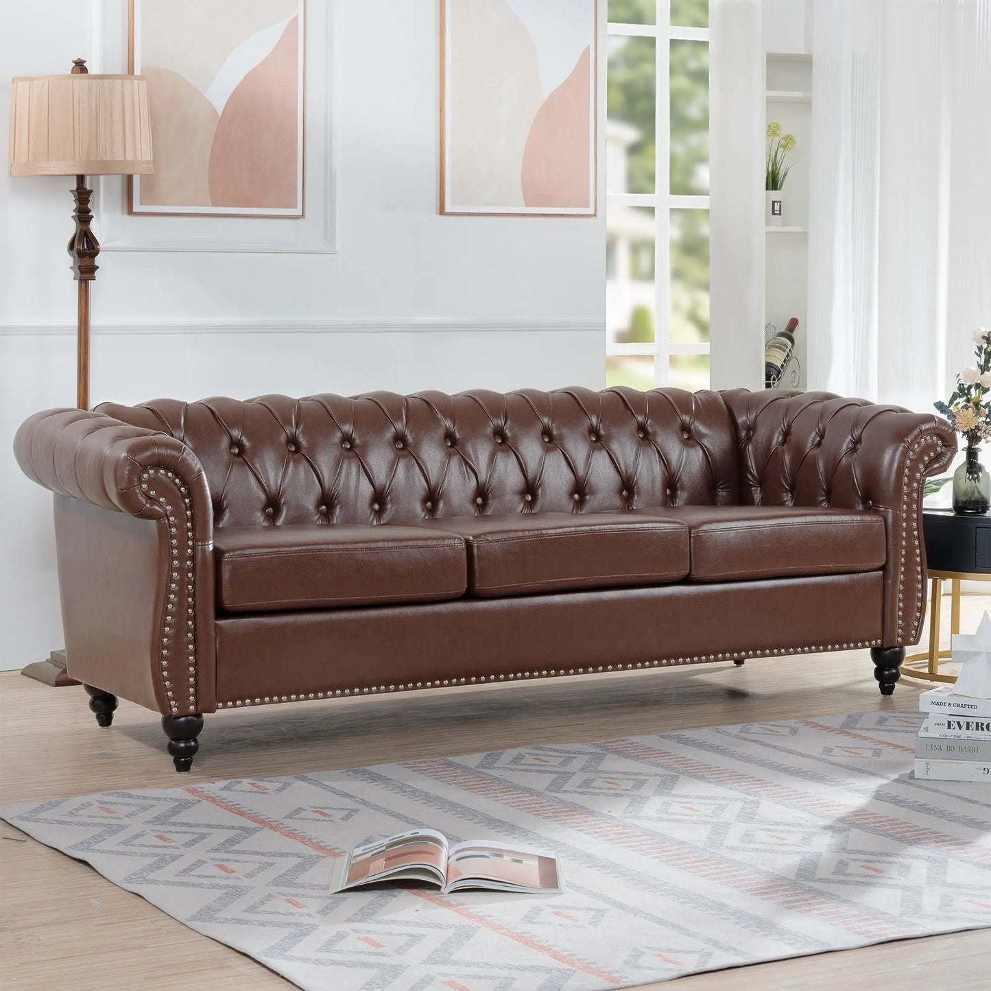 Rolled Arm Chesterfield 3 Seater Sofa in brown leather with nailhead trim on Tampa Home & Garden Store