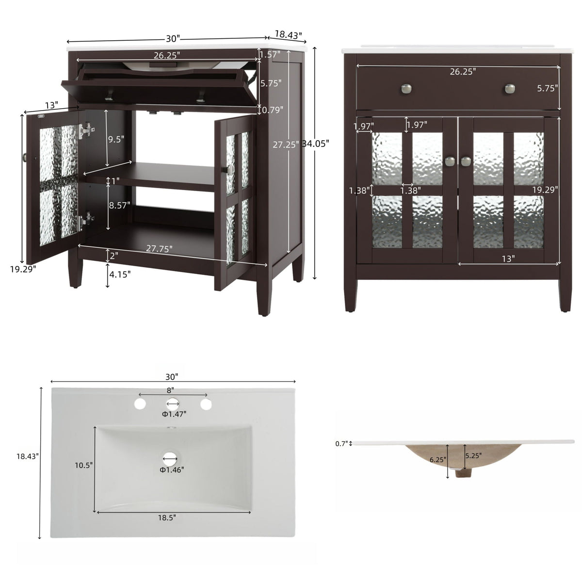 Bathroom Vanity with Ceramic Sink, Adjustable Shelf & Tip Out Tray HouseOfZazla espresso on Tampa Home & Garden Store