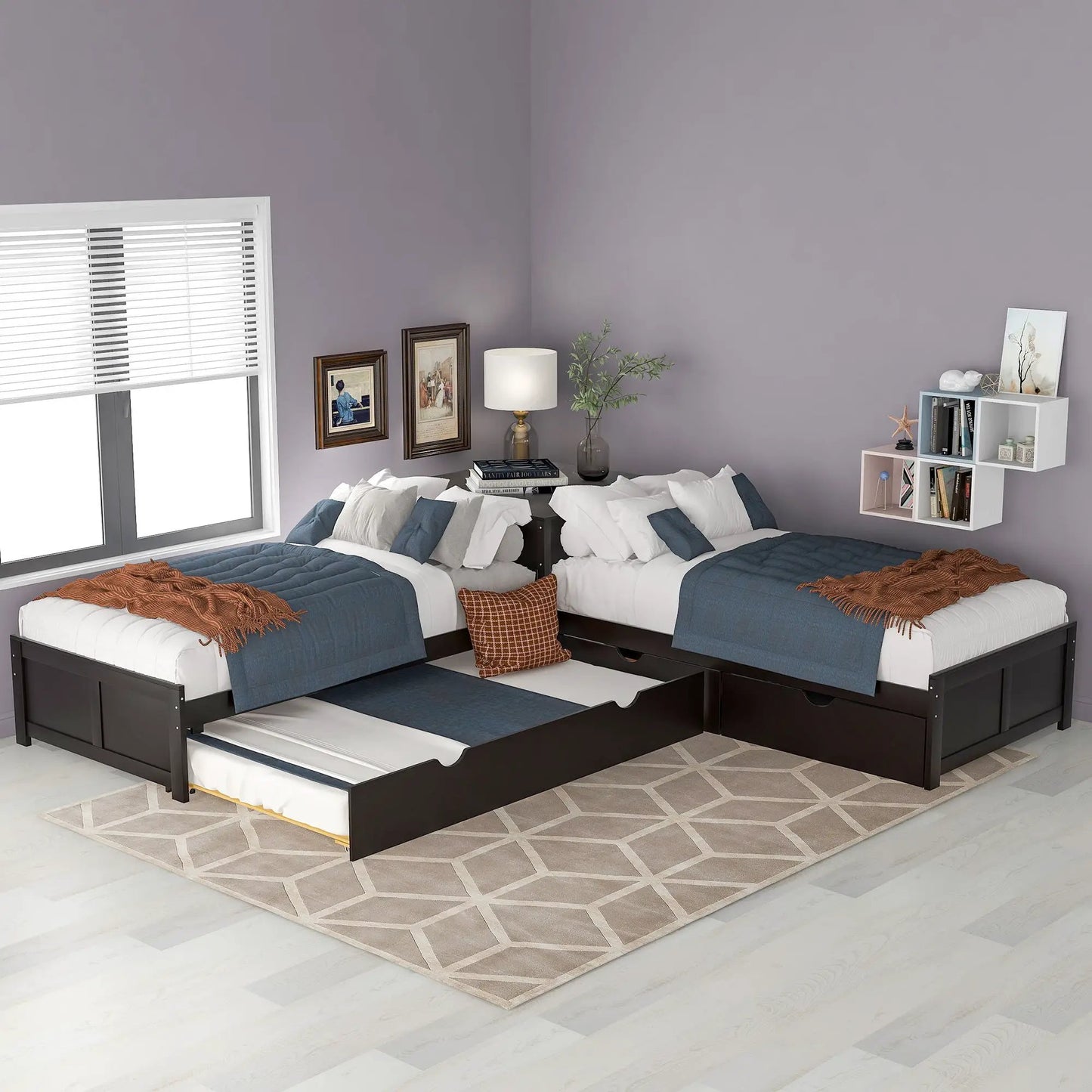 L-shaped platform bed with built-in desk and trundle drawers, two twin beds in dark finish on Tampa Home & Garden Store