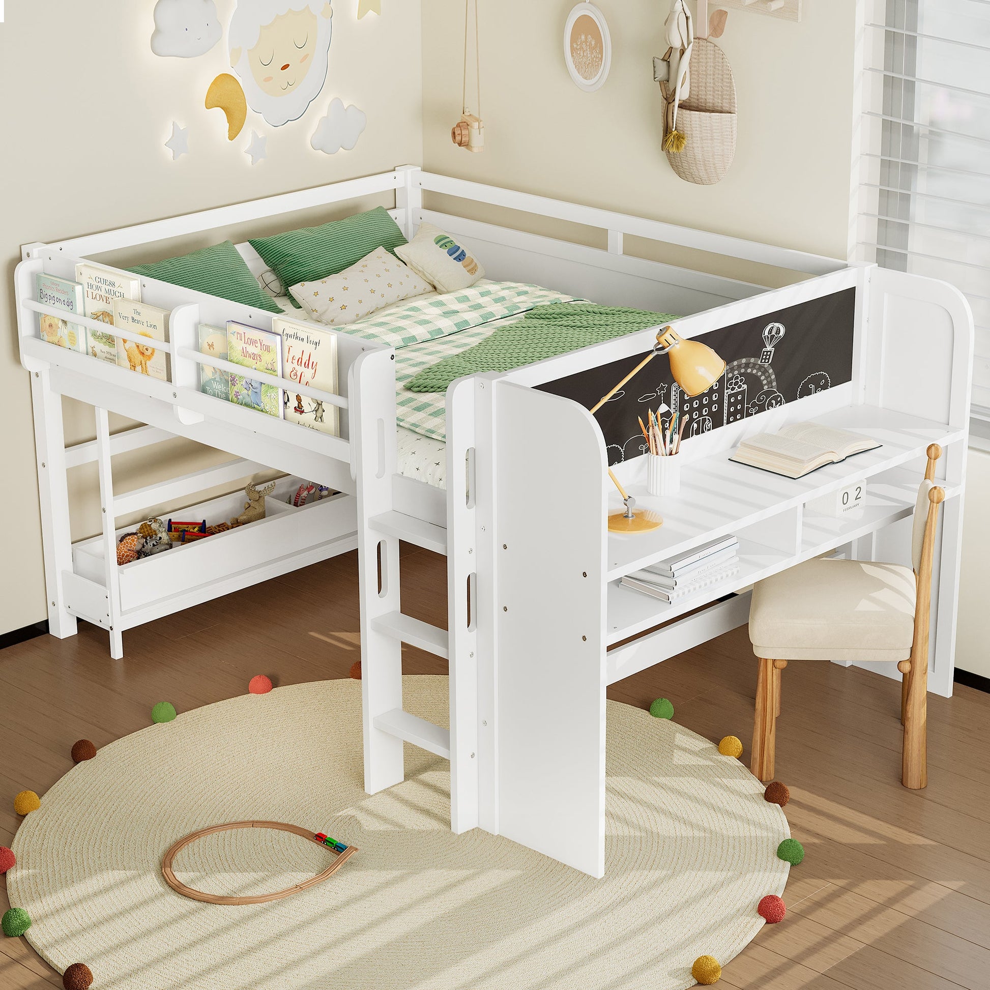 Full loft bed with built-in storage bookcases and drawers, white frame with desk on Tampa Home & Garden Store