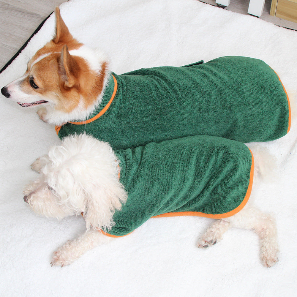 Pet Zen Absorbent Pet Bathrobe with waist-wrapped microfiber; two green robes with orange trim on Tampa Home & Garden Store