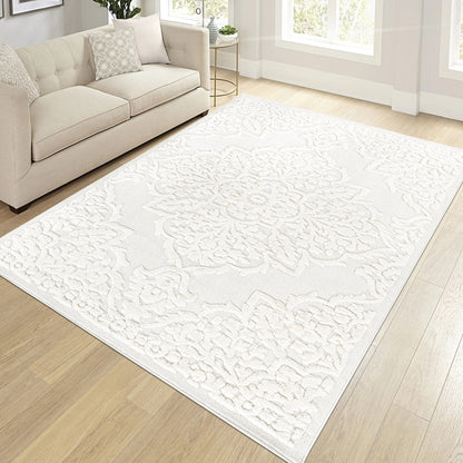 Cream medallion area rug with high-low pile, 6'7 x 9', beige textured pattern on Tampa Home & Garden Store