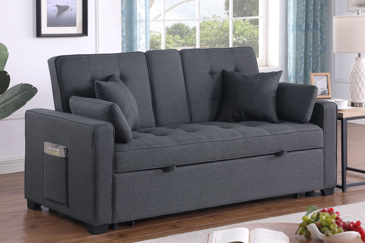 Convertible Sleeper Loveseat dark gray fabric with tufted cushions and side pocket on Tampa Home & Garden Store