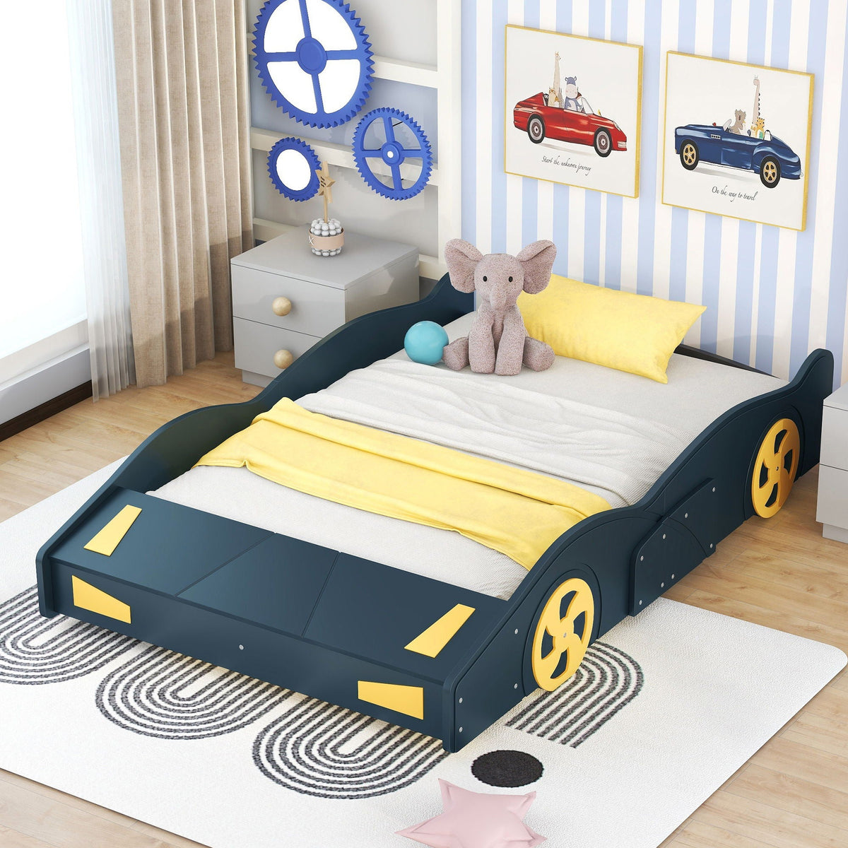 Race Car Shaped Platform Bed With Wheels And Storage blue with yellow accents and drawers on Tampa Home & Garden Store