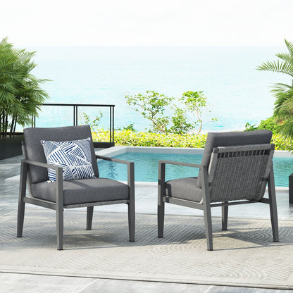 Two modern lounge chairs with rope accents, gray cushions, blue pillows, HouseOfZazla on Tampa Home & Garden Store