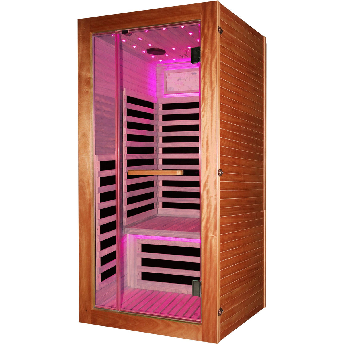 American White Oak single person sauna room with glass door and pink LED lighting on Tampa Home & Garden Store