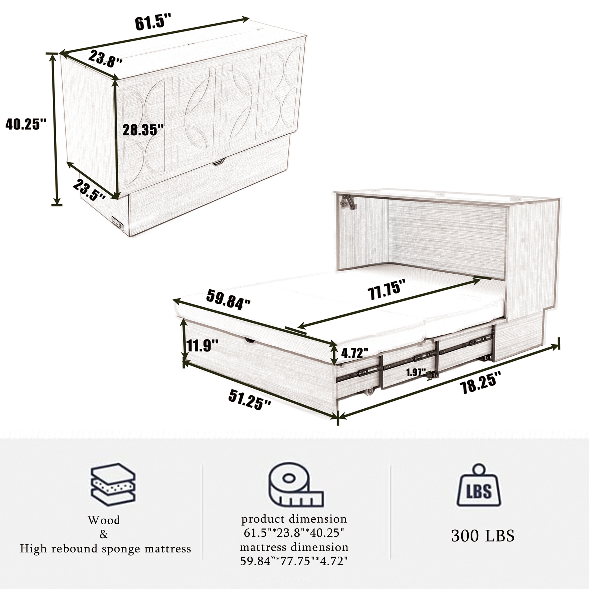 Cabinet bed with storage and foam mattress in light wood finish by HouseOfZazla on Tampa Home & Garden Store