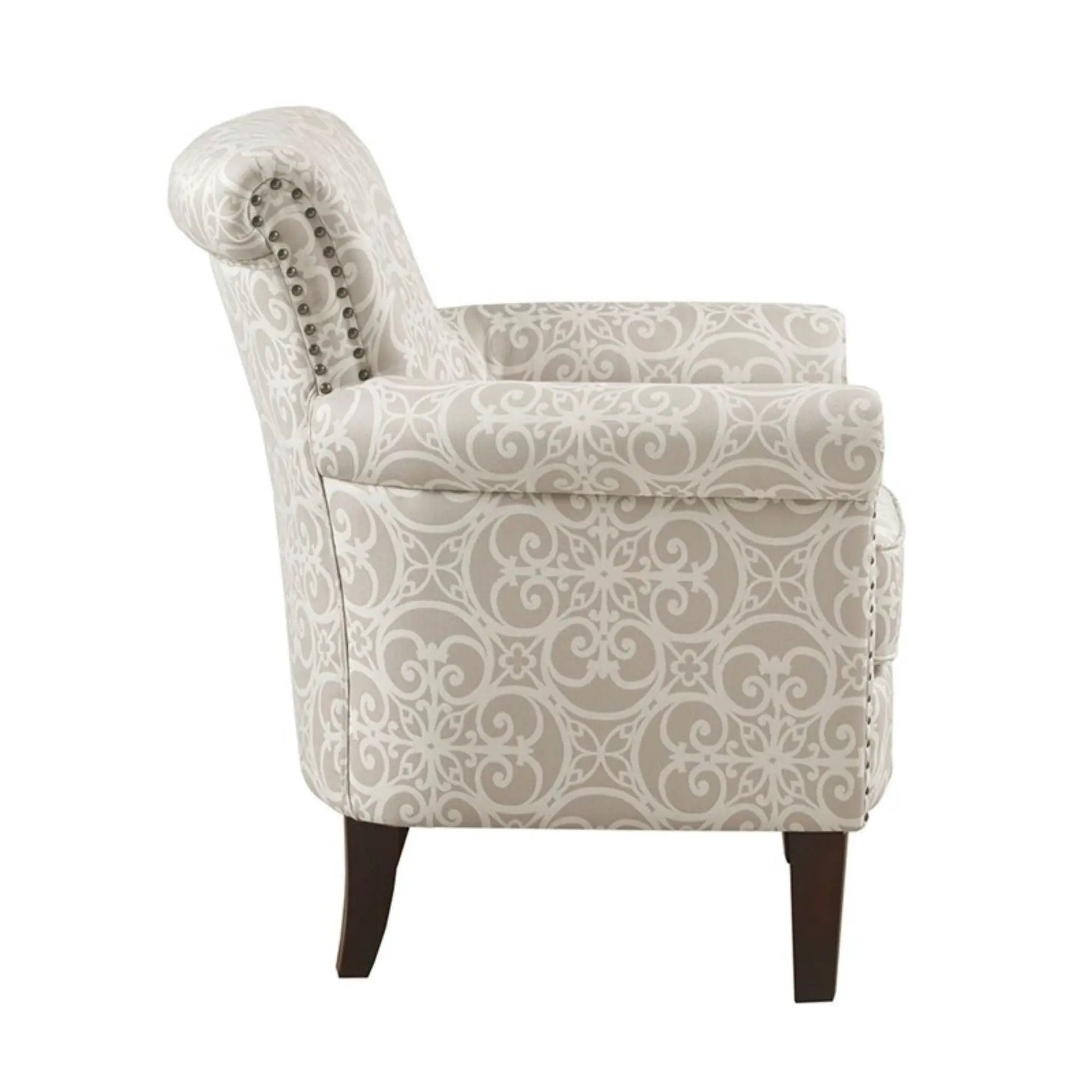 Brooke Tight Back Club Chair cream damask upholstery with nailhead trim and dark wood legs on Tampa Home & Garden Store
