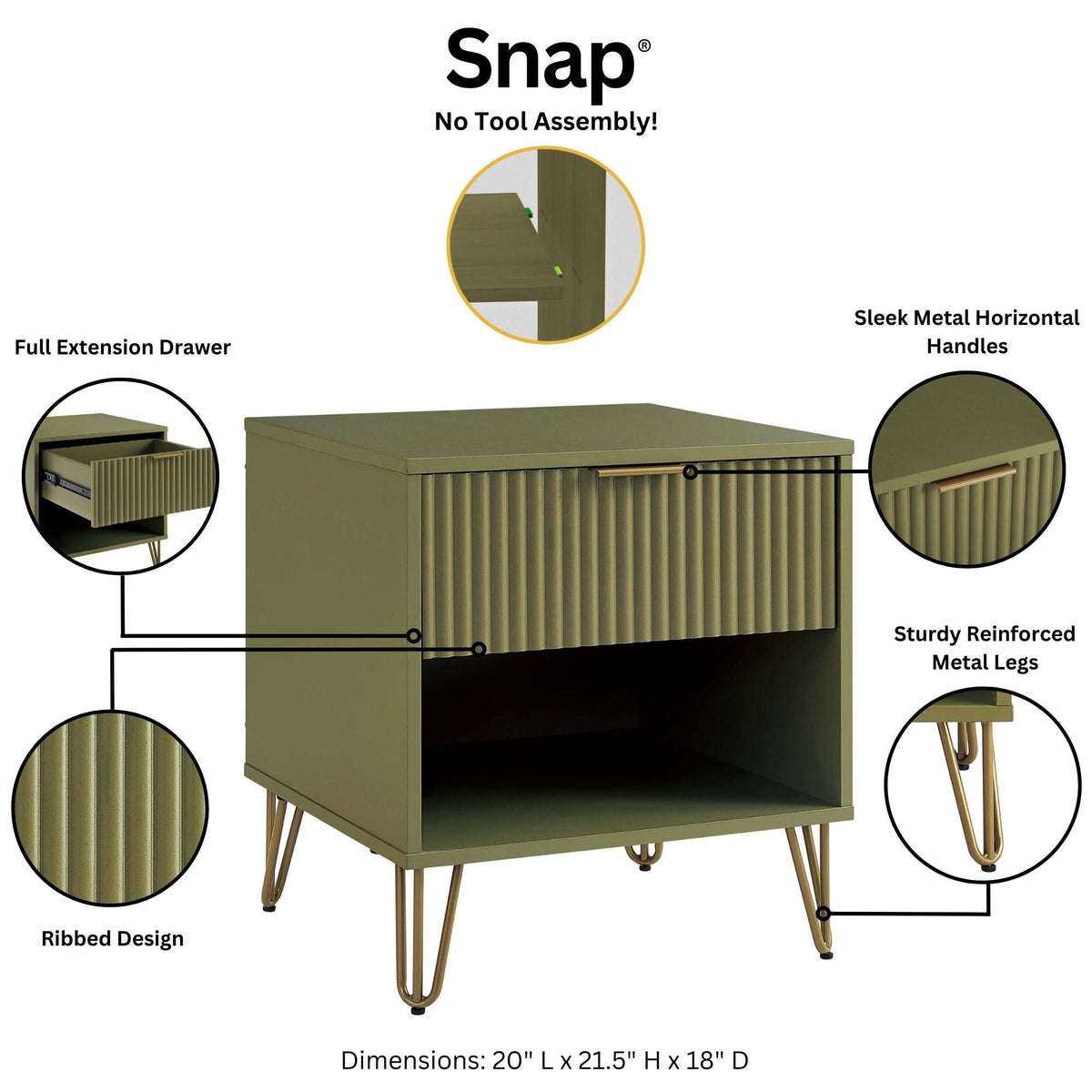 Modern Nightstand with Fluted Drawer olive green finish, ribbed front, metal handles, gold legs on Tampa Home & Garden Store