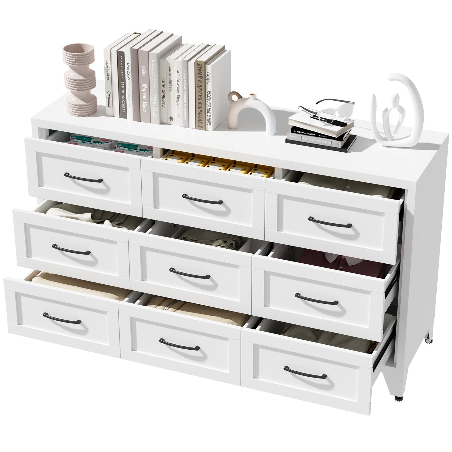White metal 9-drawer dresser with quiet-glide rails by HouseOfZazla; top books and decor on Tampa Home & Garden Store